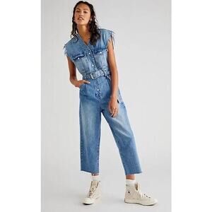 BLANKNYC Puffed Up Sleeveless Denim Jumpsuit Belt Jumper Raw Hem Utility